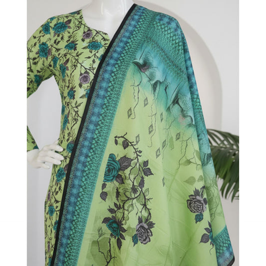 Parrot Green 3 Piece Linen Unstitched Suit for Women | Summer Collection Ladies Dress