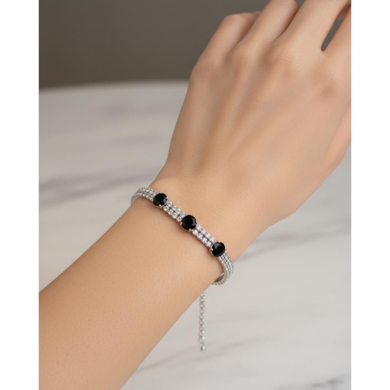 Black Gemstone Double Row Bracelet - Silver Crystal Tennis Chain - Premium Quality