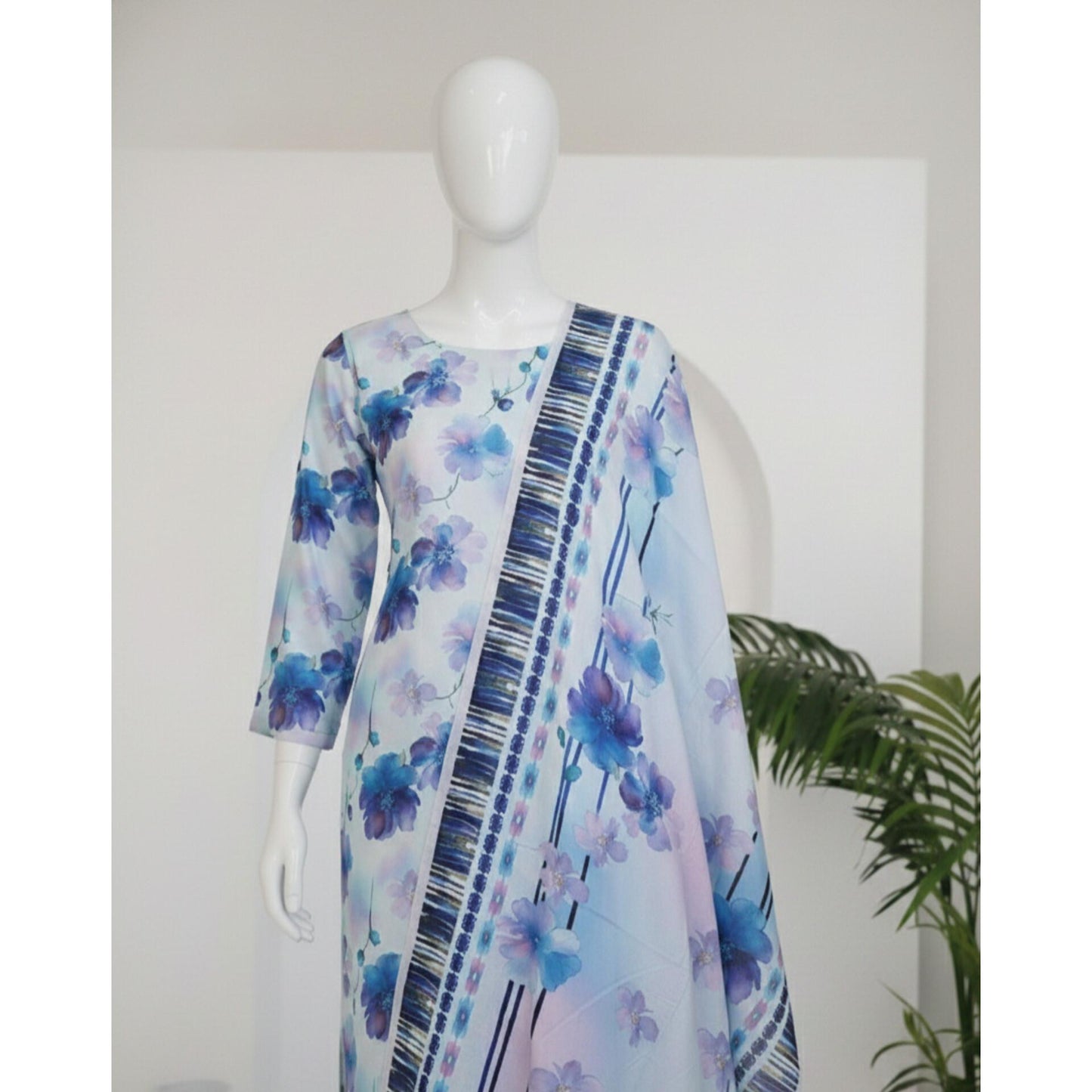 Blue 3 Piece Linen Unstitched Suit for Women | Summer Collection Ladies Dress