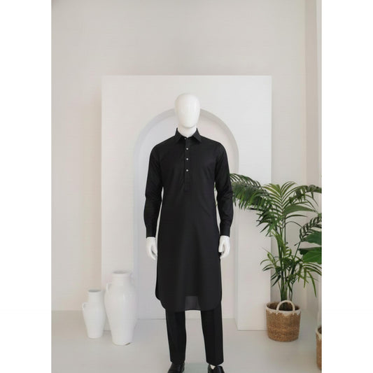 Gents Black Premium Cotton Kurta Pajama Unstitched 4 Season | Men Traditional Wear
