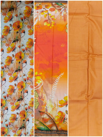 Premium Lawn 3-Pc Unstitched Suit with Digital Printed Dupatta and Dyed Cotton Trouser - Summer Floral Design