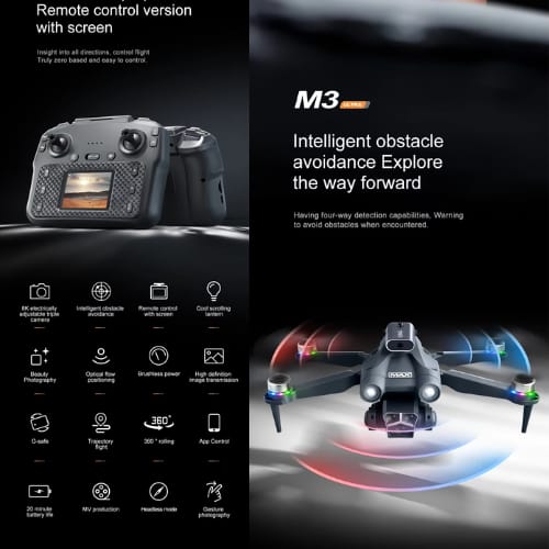 M3 Y3 Ultra Beginner Camera Drone with 4k FPV Camera, Big Screen, Brushless Motor, 4-Direction Infrared Obstacle Avoidance, 2.4G WiFi Remote Control, Foldable Quadcopter with Altitude Hold, One-Key Takeoff/Landing, Headless Mode, LED Lights