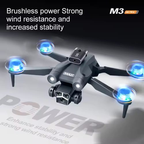 M3 Y3 Ultra Beginner Camera Drone with 4k FPV Camera, Big Screen, Brushless Motor, 4-Direction Infrared Obstacle Avoidance, 2.4G WiFi Remote Control, Foldable Quadcopter with Altitude Hold, One-Key Takeoff/Landing, Headless Mode, LED Lights