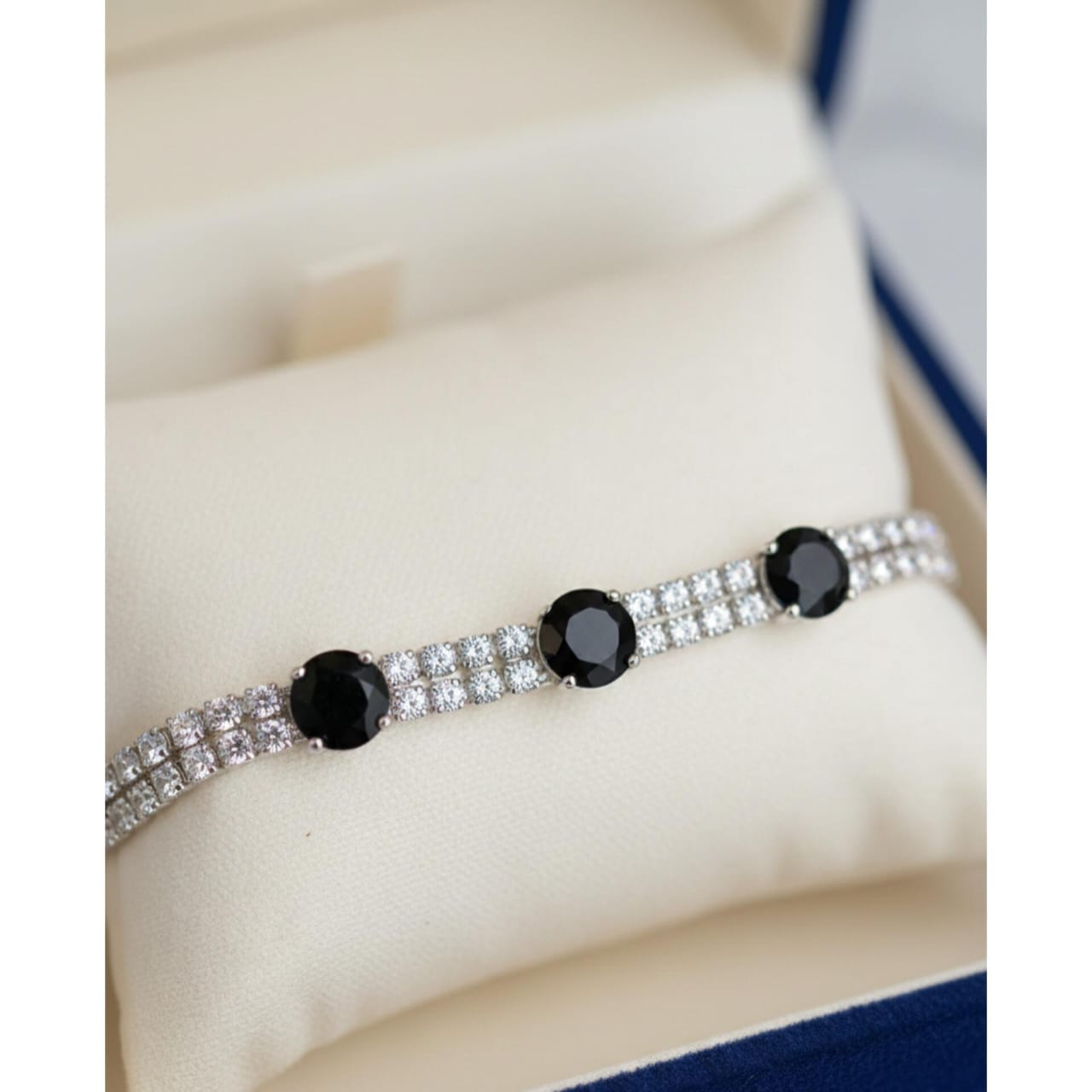 Black Gemstone Double Row Bracelet - Silver Crystal Tennis Chain - Premium Quality