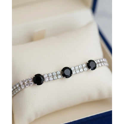 Black Gemstone Double Row Bracelet - Silver Crystal Tennis Chain - Premium Quality