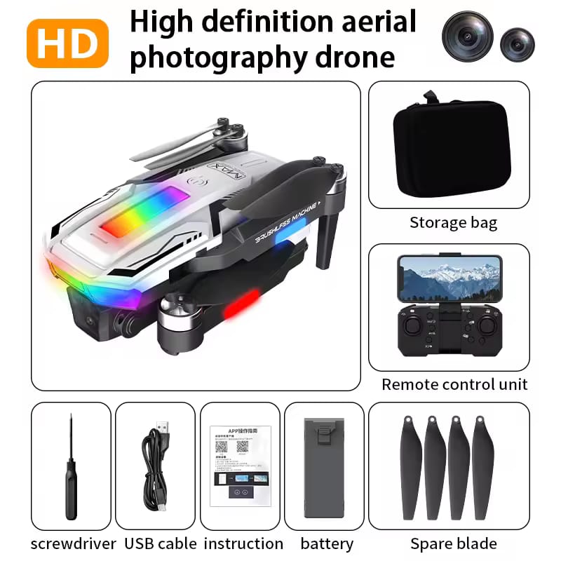 A11 Max 8K Dual Camera Drone with Obstacle Avoidance, Brushless Motor Foldable RC Quadcopter with LED Lights